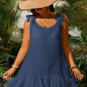 SHEIN Blue Tie-Shoulder Swim Ruffle Hem Coverup Dress